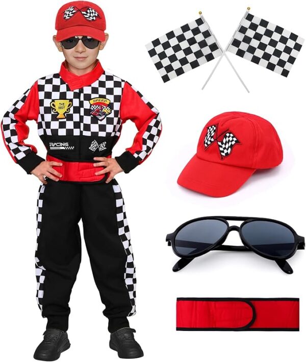 Career Day RACE CAR DRIVER – Kids Race Car Driver Racer Jumpsuit with Car Cap Sunglasses - RED SIZE 10-12
