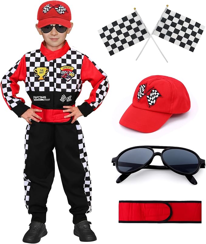 Career Day RACE CAR DRIVER – Kids Race Car Driver Racer Jumpsuit with Car Cap Sunglasses - RED SIZE 10-12