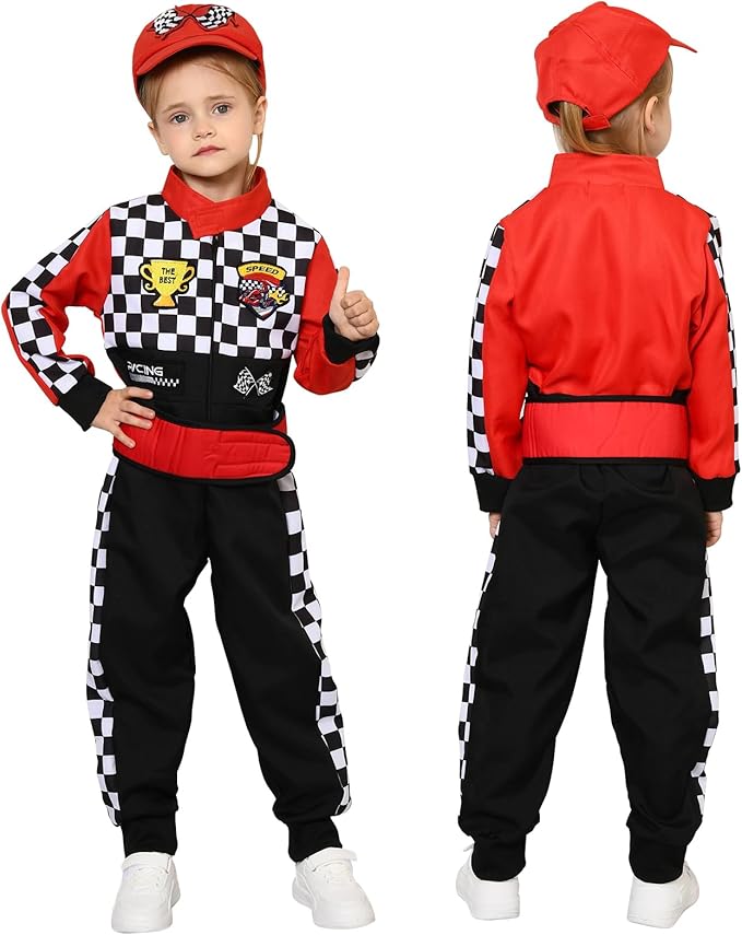 Career Day RACE CAR DRIVER – Kids Race Car Driver Racer Jumpsuit with Car Cap Sunglasses - RED SIZE 10-12 - Image 2
