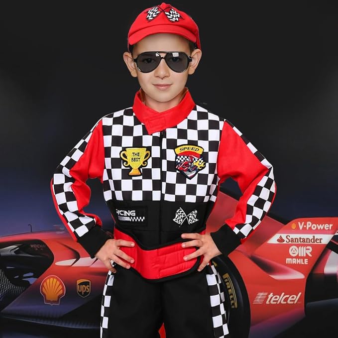 Career Day RACE CAR DRIVER – Kids Race Car Driver Racer Jumpsuit with Car Cap Sunglasses - RED SIZE 10-12 - Image 4