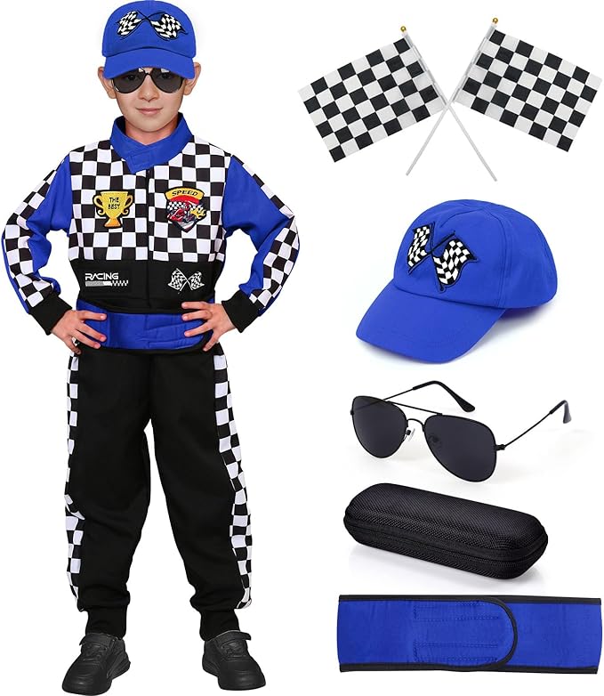 Career Day RACE CAR DRIVER – Kids Race Car Driver Racer Jumpsuit with Car Cap Sunglasses - BLUE