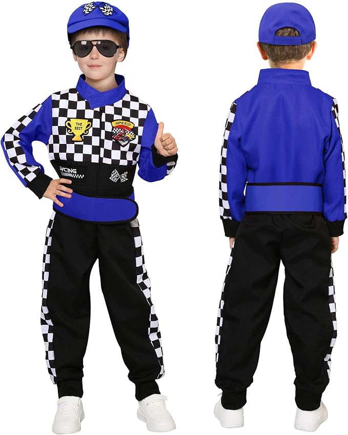 Career Day RACE CAR DRIVER – Kids Race Car Driver Racer Jumpsuit with Car Cap Sunglasses - BLUE - Image 5