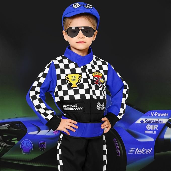 Career Day RACE CAR DRIVER – Kids Race Car Driver Racer Jumpsuit with Car Cap Sunglasses - BLUE - Image 3