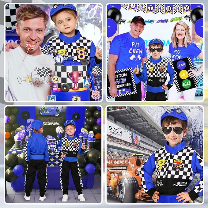 Career Day RACE CAR DRIVER – Kids Race Car Driver Racer Jumpsuit with Car Cap Sunglasses - BLUE - Image 2