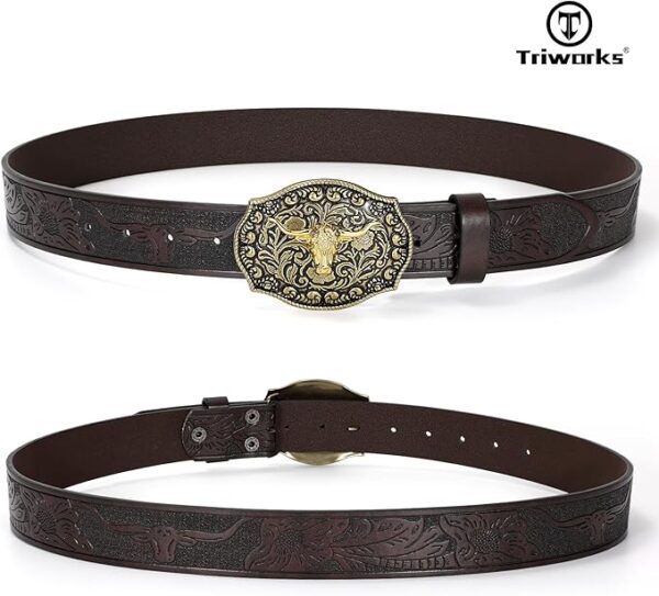 BELTS: Western PU Leather Belt for Men and Women Cowboy Cowgirl Belt Western Embossed - COFFEE Fit Size 32"-36" - Image 5