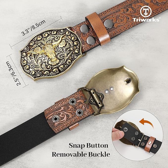 BELTS: Western PU Leather Belt for Men and Women Cowboy Cowgirl Belt Western Embossed - BROWN - Image 5