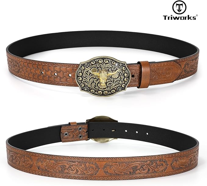 BELTS: Western PU Leather Belt for Men and Women Cowboy Cowgirl Belt Western Embossed - BROWN - Image 4