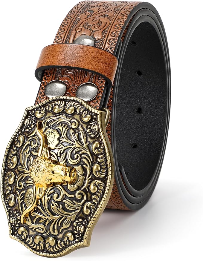 BELTS: Western PU Leather Belt for Men and Women Cowboy Cowgirl Belt Western Embossed - BROWN - Image 2