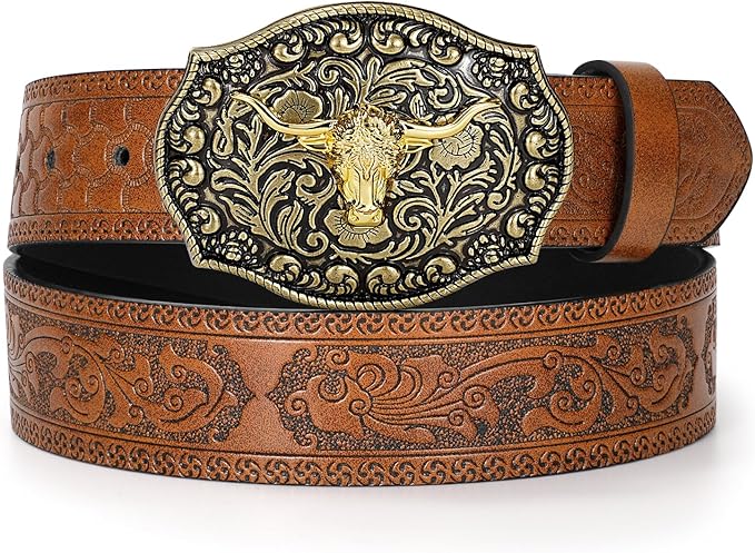 BELTS: Western PU Leather Belt for Men and Women Cowboy Cowgirl Belt Western Embossed - BROWN