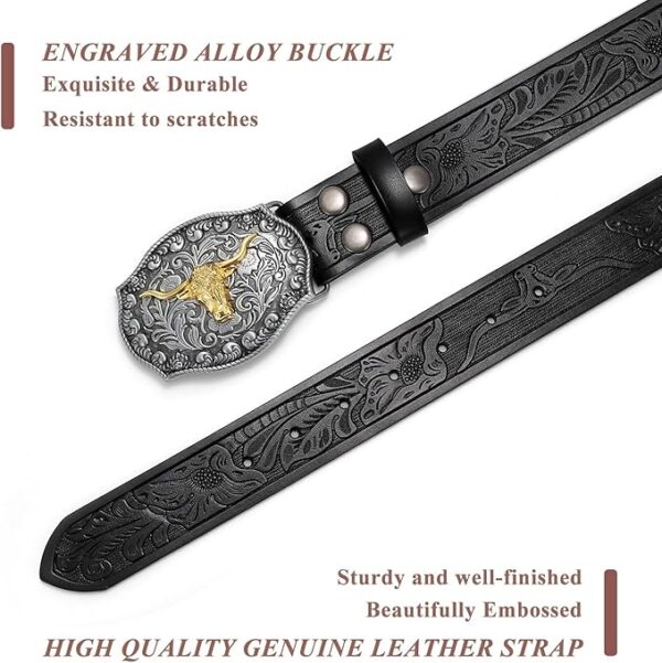 BELTS: Western PU Leather Belt for Men and Women Cowboy Cowgirl Belt Western Embossed - BLACK-GOLD - Image 5