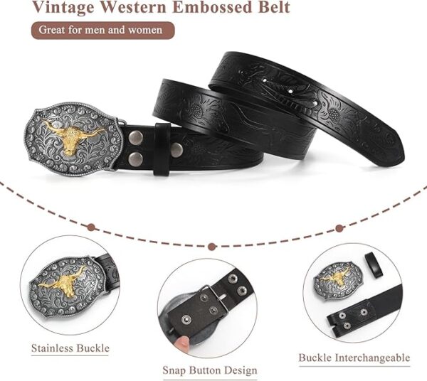 BELTS: Western PU Leather Belt for Men and Women Cowboy Cowgirl Belt Western Embossed - BLACK-GOLD - Image 4