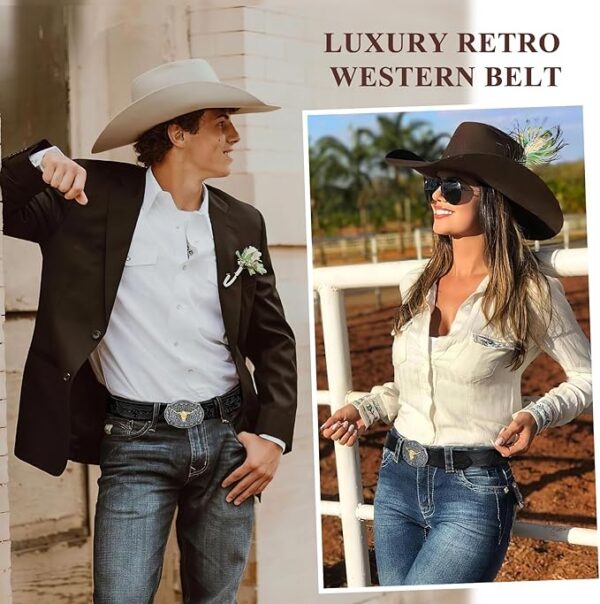 BELTS: Western PU Leather Belt for Men and Women Cowboy Cowgirl Belt Western Embossed - BLACK-GOLD - Image 3