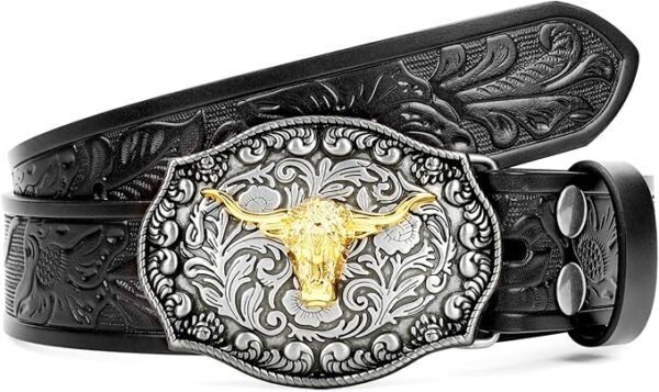 BELTS: Western PU Leather Belt for Men and Women Cowboy Cowgirl Belt Western Embossed - BLACK-GOLD