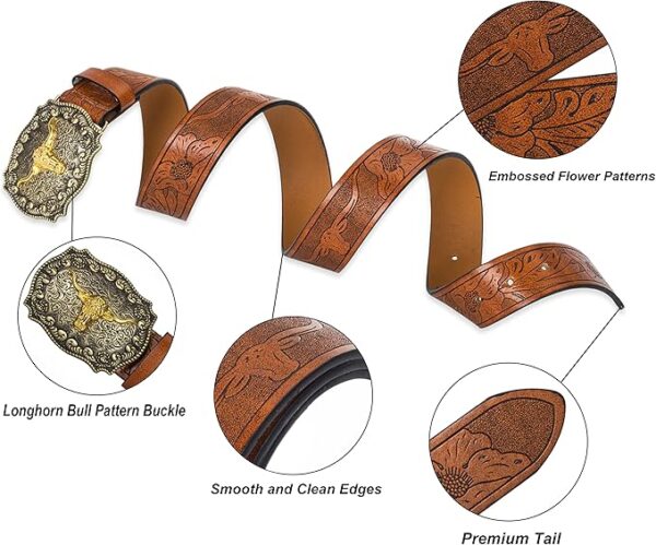BELTS: Women Men Western Longhorn Bull Buckle Floral Embossed Belt - BROWN-GOLD 27-32" - Image 2