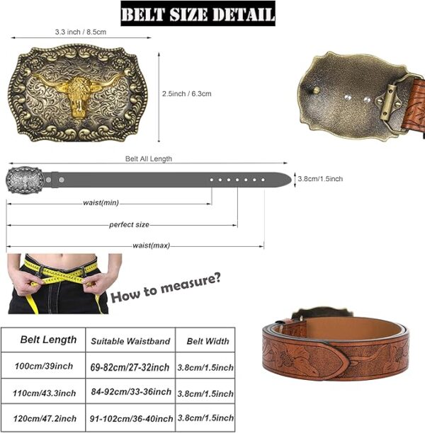 BELTS: Women Men Western Longhorn Bull Buckle Floral Embossed Belt - BROWN-GOLD 27-32" - Image 6