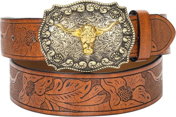 BELTS: Women Men Western Longhorn Bull Buckle Floral Embossed Belt - BROWN-GOLD 27-32"