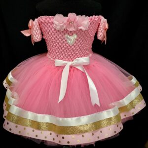 CUSTOM MADE Child tutu dress – PINK/GOLD extra fluffy Minnie Mouse inspired flower tutu ribbon dress SIZE: Fits 1-3yrs