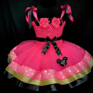 CUSTOM MADE Child tutu dress - PINK/BLACK/GOLD extra fluffy Minnie Mouse inspired flower tutu ribbon dress SIZE: Fits 1-3yrs