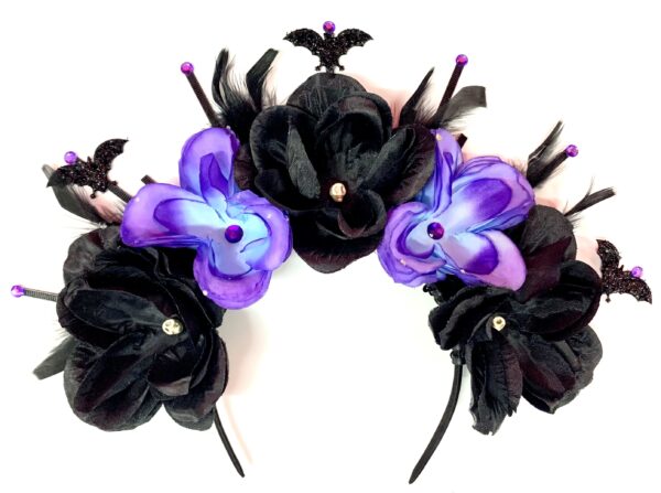 Sugar Skull Gothic Floral Headpiece for Dia De los Muertos - Black-Purple