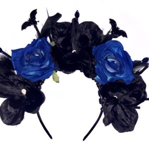 Sugar Skull Gothic Floral Headpiece for Dia De los Muertos - Black-Blue