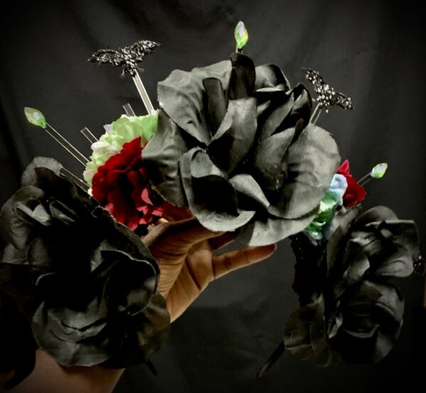 Sugar Skull Gothic Floral Headpiece for Dia De los Muertos - Black-Sage-Burgundy