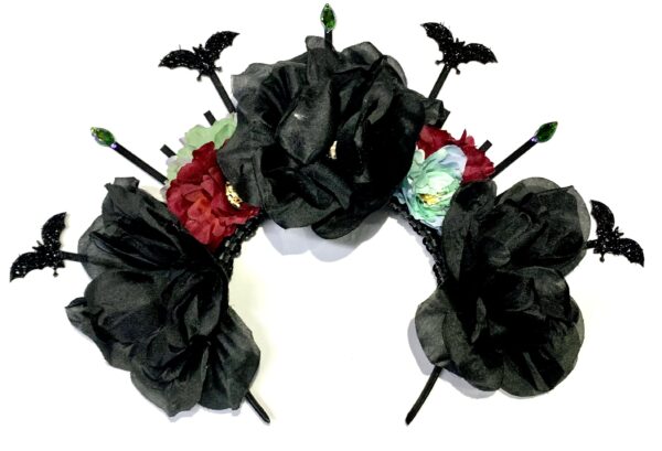 Sugar Skull Gothic Floral Headpiece for Dia De los Muertos - Black-Sage-Burgundy - Image 2