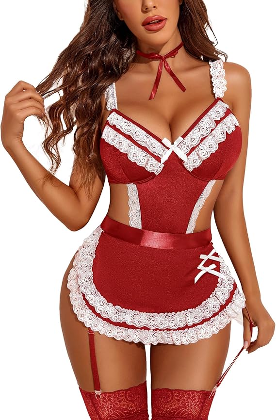 SEXY MAID - Lace V Neck Teddy Babydoll 3 Pack Lingerie Costumes DEEP RED Size: SMALL