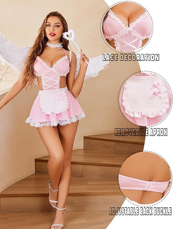 SEXY MAID - Sexy Lace Maid Lingerie Set PINK Size: SMALL - Image 4
