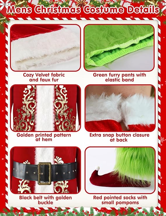 CHRISTMAS COSTUME - MEN - Adult Green Giant Grinch Monster 7PCS Deluxe Santa Suit Furry Xmas Cosplay Outfit - Image 3