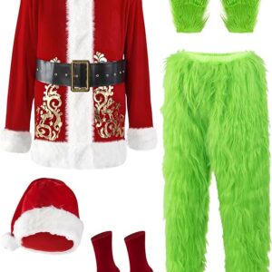 CHRISTMAS COSTUME - MEN - Adult Green Giant Monster 7PCS Deluxe Santa Suit Furry Xmas Cosplay Outfit