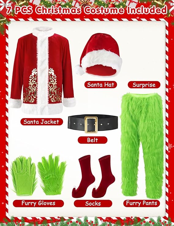CHRISTMAS COSTUME - MEN - Adult Green Giant Grinch Monster 7PCS Deluxe Santa Suit Furry Xmas Cosplay Outfit - Image 2