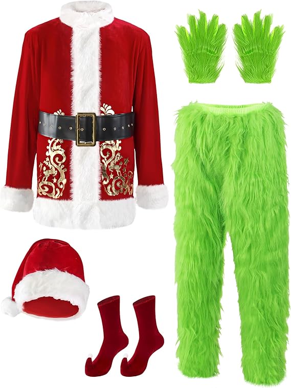 CHRISTMAS COSTUME - MEN - Adult Green Giant Grinch Monster 7PCS Deluxe Santa Suit Furry Xmas Cosplay Outfit