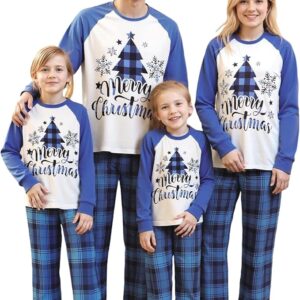 Christmas Matching Family Pajamas Sets Plaid Blue-Black-White Merry Christmas Pajamas