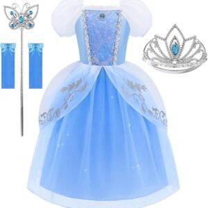 Girls Puff Sleeves Princess Costume Blue Fancy Dress Up SIZE 9-10
