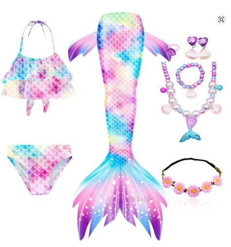 Mermaid Costume Bathing suit for Girls - 9 Pcs Girls Swimsuit Mermaid Tails Princess Bikini Bathing Suit Set - PINK PURPLE BLUE