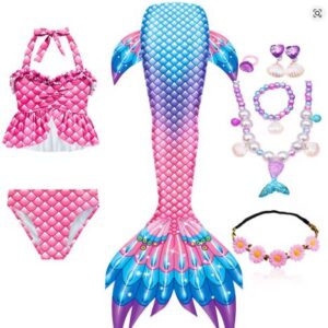 Mermaid Costume Bathing suit for Girls - 9 Pcs Girls Swimsuit Mermaid Tails Princess Bikini Bathing Suit Set - BLUE PURPLE PINK TAIL (7-8Y)