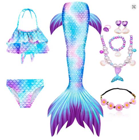 Mermaid Costume Bathing suit for Girls - 9 Pcs Girls Swimsuit Mermaid Tails Princess Bikini Bathing Suit Set - PURPLE BLUE TAIL (9-10Y)