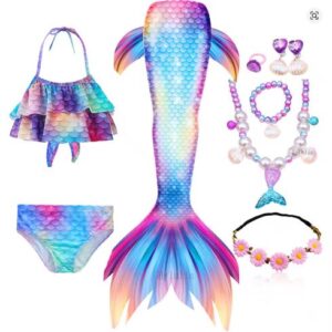 Mermaid Costume Bathing suit for Girls - 9 Pcs Girls Swimsuit Mermaid Tails Princess Bikini Bathing Suit Set - PURPLE BLUE GOLD TAIL (7-8Y)