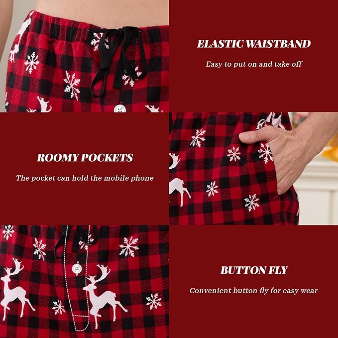 Christmas Pajamas Pants - Mens100% Cotton Pajama Pants Fleece Plaid Bottoms with Pockets and Button Fly SIZE MEDIUM - Image 4