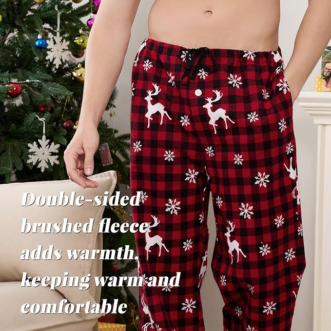 Christmas Pajamas Pants - Mens100% Cotton Pajama Pants Fleece Plaid Bottoms with Pockets and Button Fly SIZE MEDIUM - Image 3