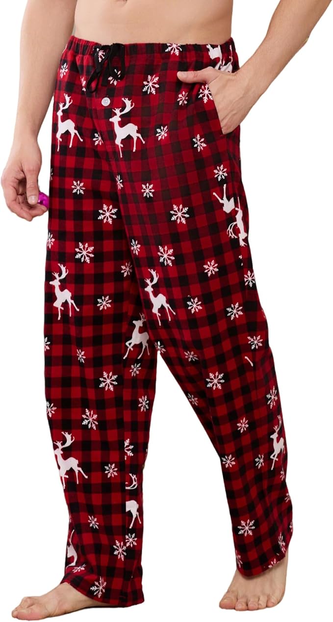 Christmas Pajamas Pants - Mens100% Cotton Pajama Pants Fleece Plaid Bottoms with Pockets and Button Fly SIZE MEDIUM