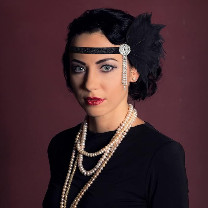 Flapper Sequin/Feather Headband – Vintage 1920s Flapper Rhinestone Headband - BLACK - Image 7