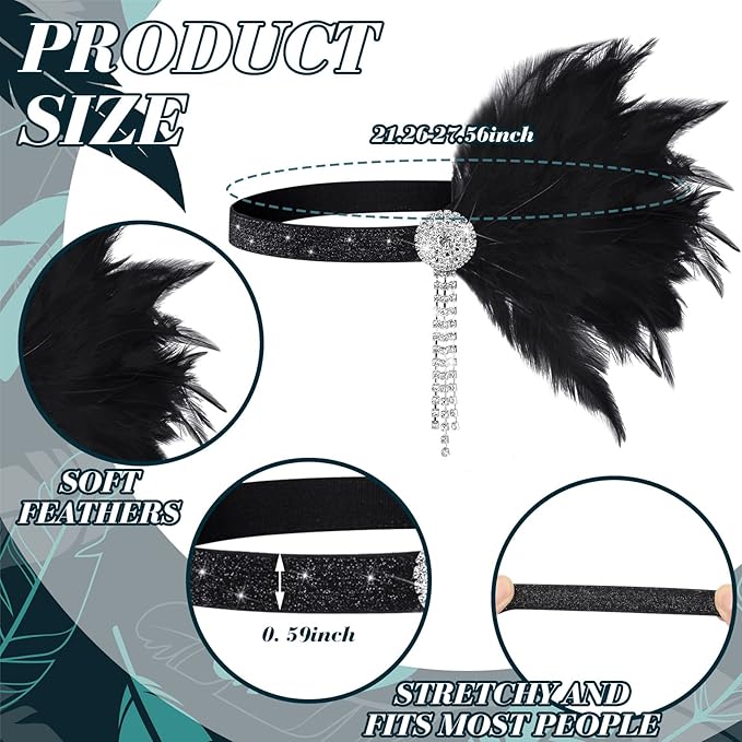 Flapper Sequin/Feather Headband – Vintage 1920s Flapper Rhinestone Headband - BLACK - Image 6