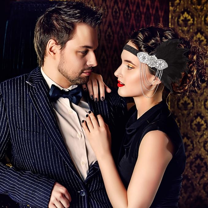 Flapper Sequin/Feather Headband – Vintage 1920s Flapper Rhinestone Headband - BLACK - Image 5