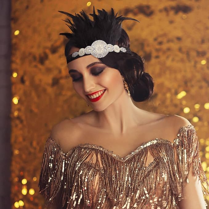 Flapper Sequin/Feather Headband – Vintage 1920s Flapper Rhinestone Headband - BLACK - Image 4