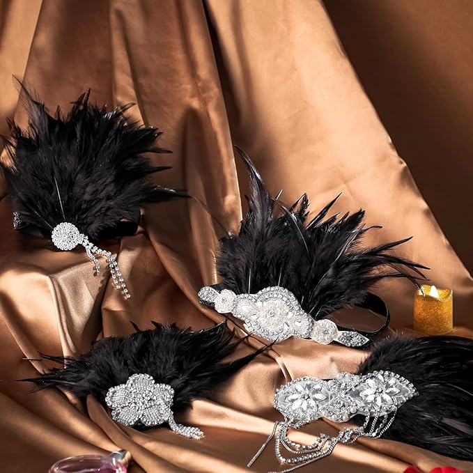 Flapper Sequin/Feather Headband – Vintage 1920s Flapper Rhinestone Headband - BLACK - Image 3