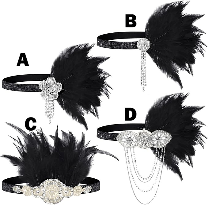 Flapper Sequin/Feather Headband – Vintage 1920s Flapper Rhinestone Headband - BLACK