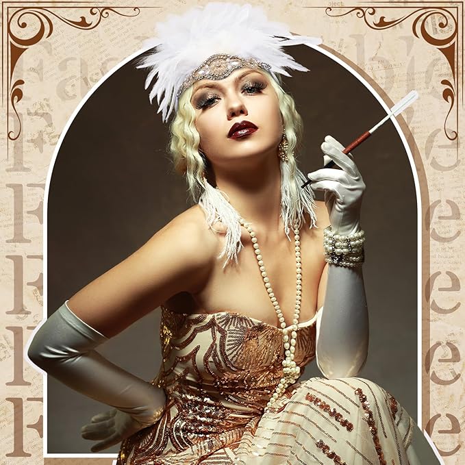 Flapper Sequin/Feather Headband – Vintage 1920s Flapper Rhinestone Headband - WHITE - Image 2