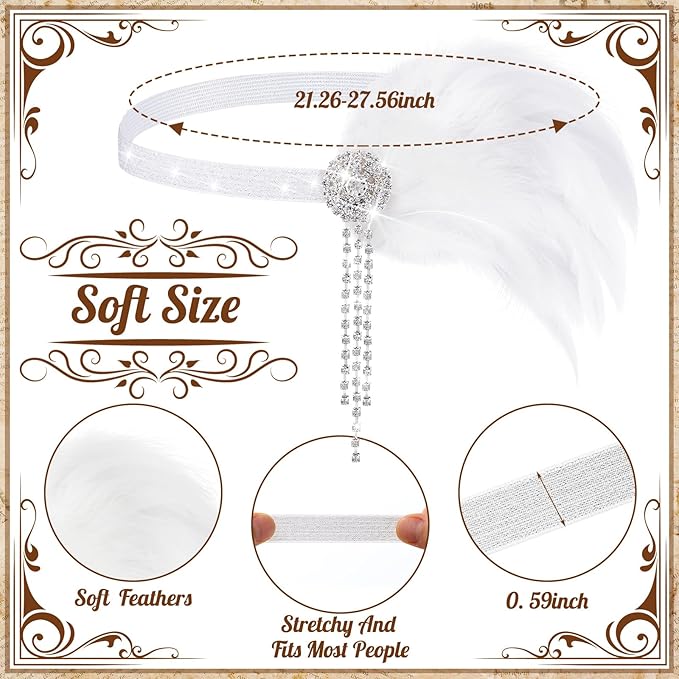 Flapper Sequin/Feather Headband – Vintage 1920s Flapper Rhinestone Headband - WHITE - Image 3