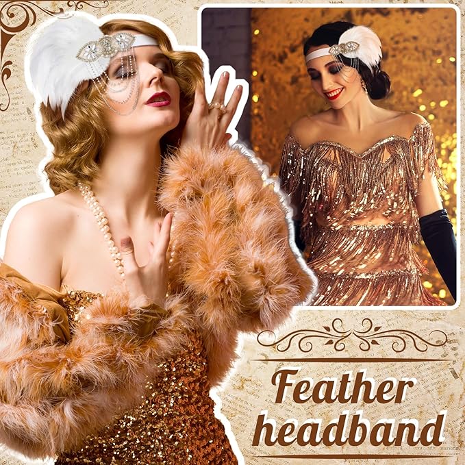 Flapper Sequin/Feather Headband – Vintage 1920s Flapper Rhinestone Headband - WHITE - Image 4